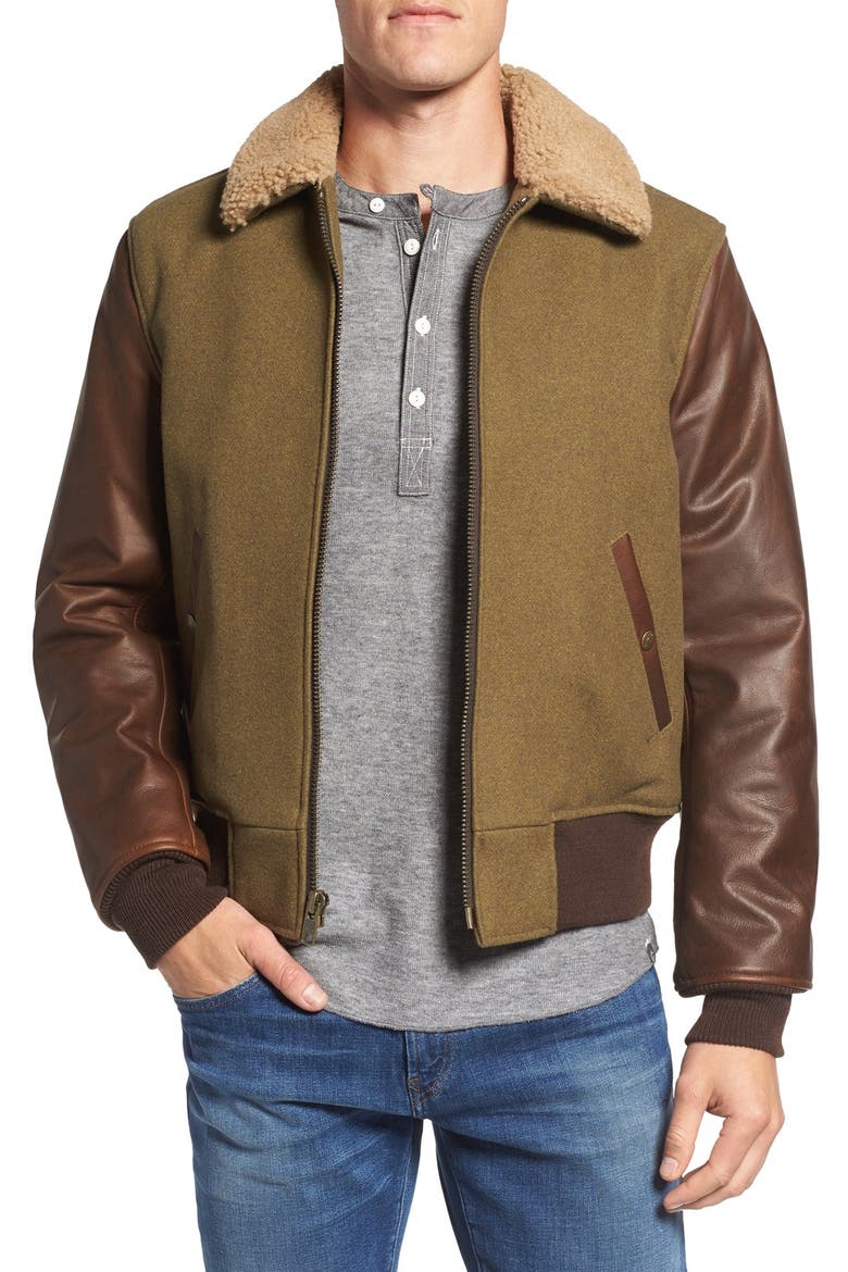 Mixed Media B-15 Flight Jacket with Genuine Shearling Collar, Main, color, OLIVE