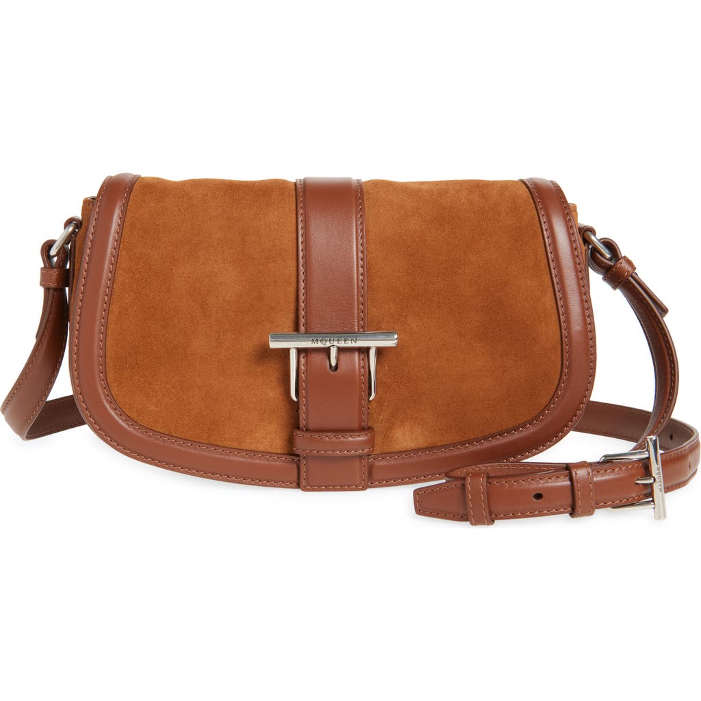 Alexander Mcqueen Satchel Brown Crossbody Bag With T-buckle And Embossed Logo In Suede Woman In Dark Brown/silver