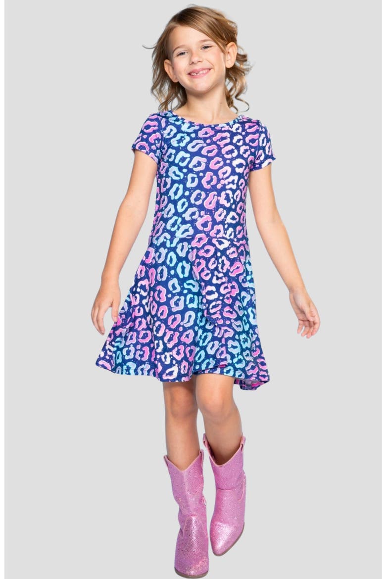 Kids' Simply Soft Short Sleeve Skater Dress, Alternate, color, DENIM LEOPARD