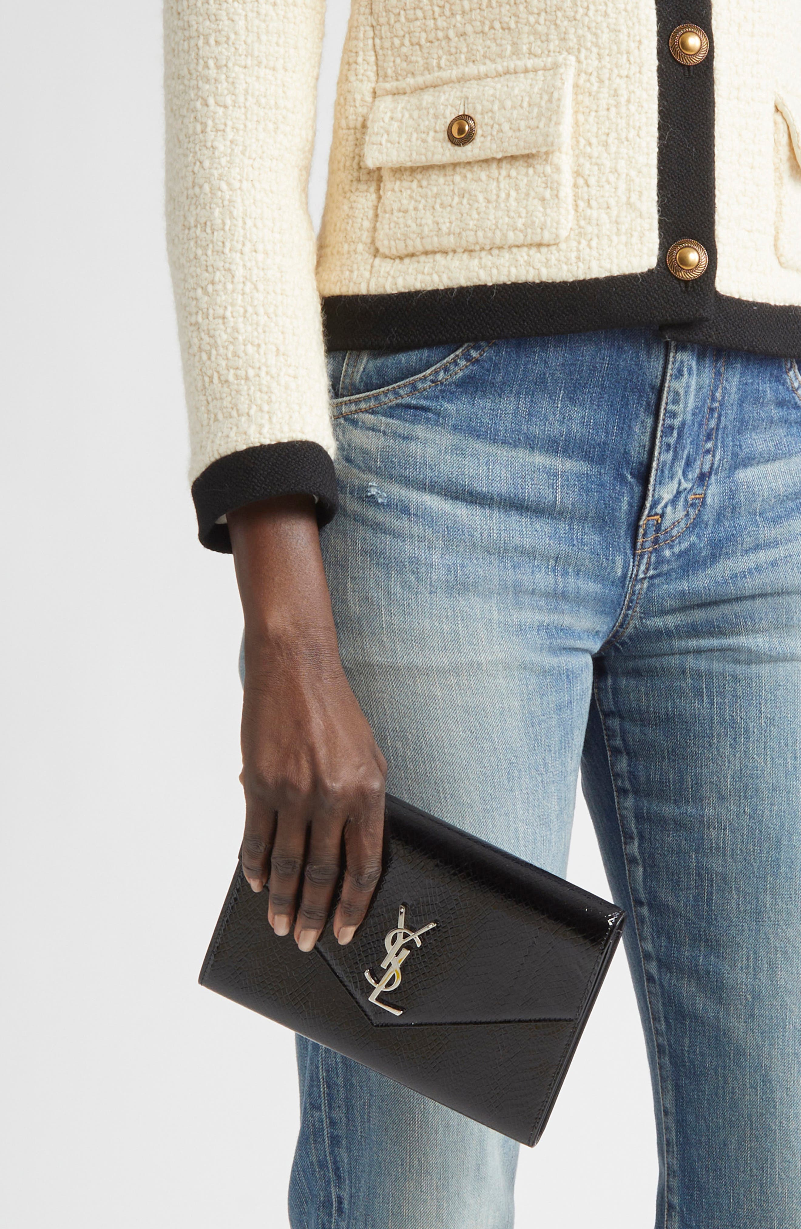 Saint Laurent Cassandre Snakeskin Embossed Patent Leather Envelope Clutch, Alternate, color, 