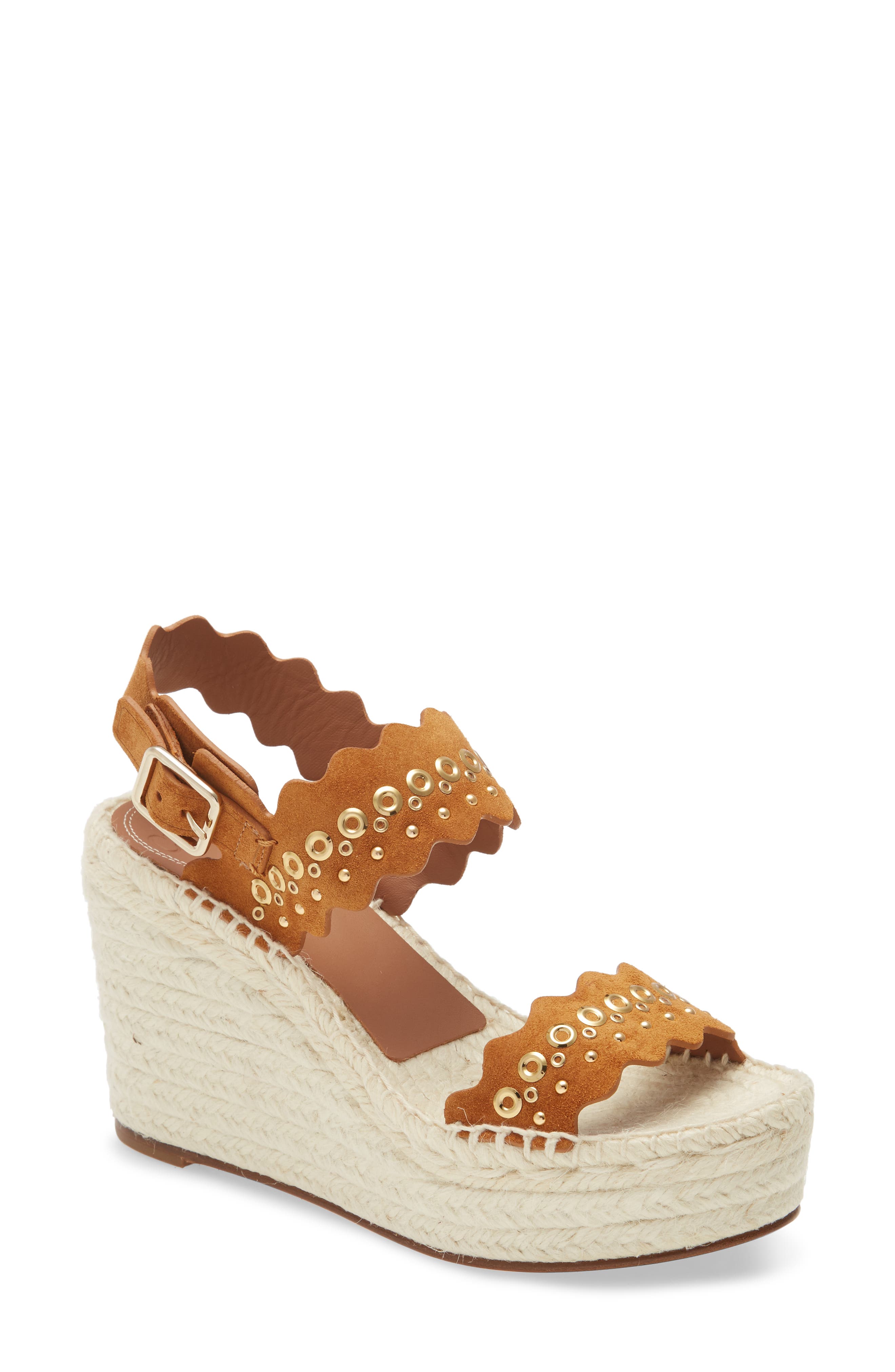 Chloé Lauren Grommet Stud Scalloped Wedge Platform Sandal, Main, color, 