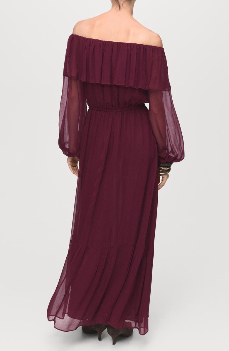 MANGO Ruffle Off the Shoulder Long Sleeve Maxi Dress, Alternate, color, Burgundy