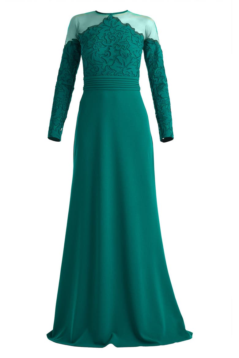 Embroidered Illusion Lace Long Sleeve Sheath Gown, Alternate, color, EMERALD