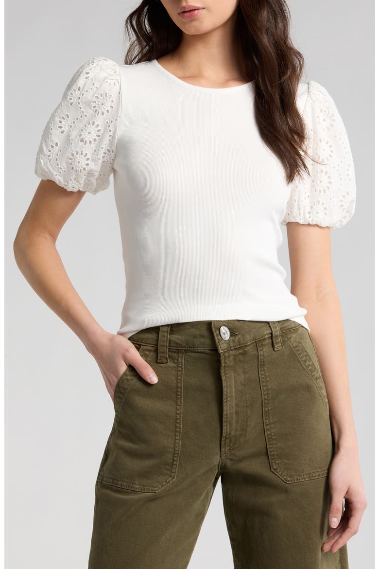 Marina Eyelet Puff Sleeve T-Shirt, Main, color, WHITE