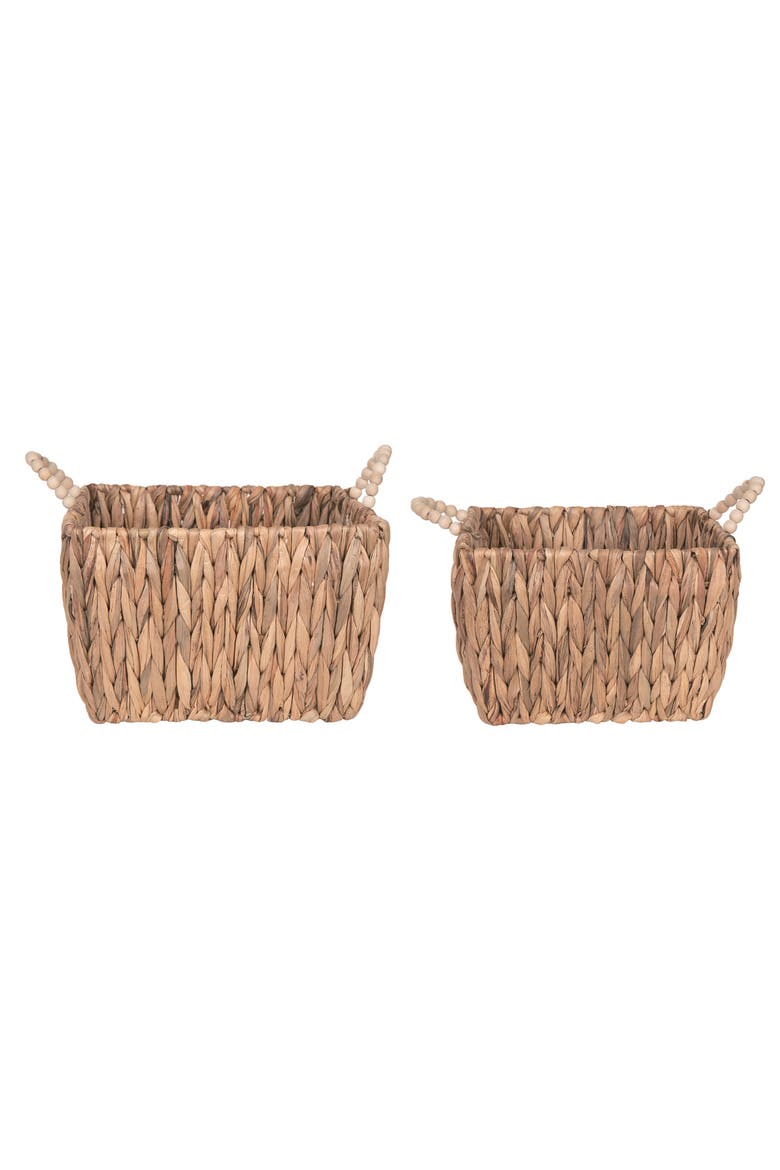 Natural Hyacinth Storage Basket with Beaded Handles, Main, color, Brown
