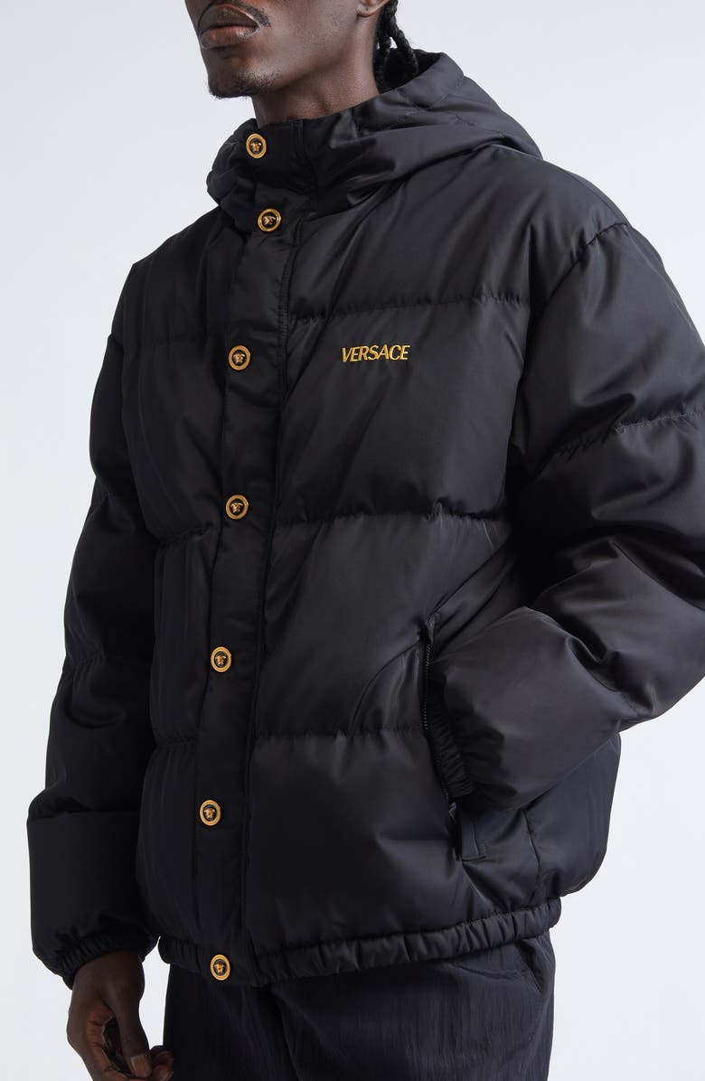 Versace Medusa Logo Embroidered Down Puffer Jacket, Alternate, color, Black
