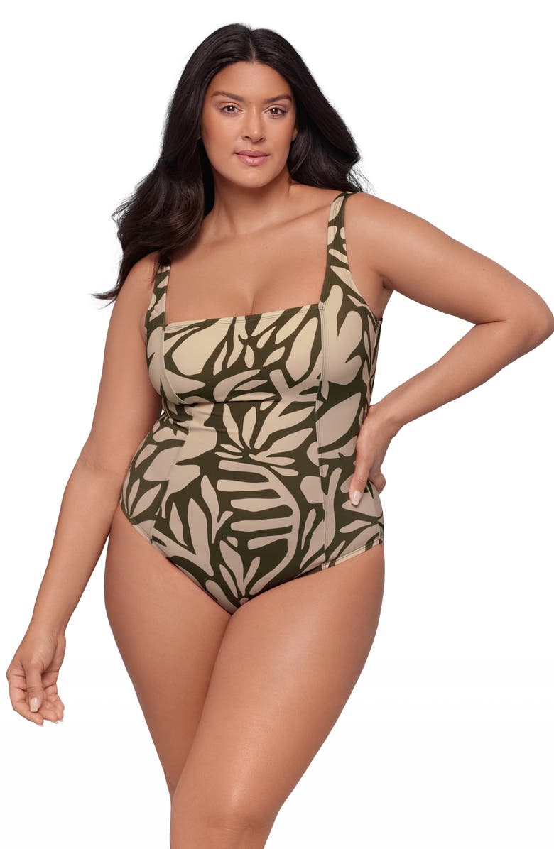 S3 Square Neck Lace-Up Back One Piece Swimsuit, Main, color, Modern Foliage Eucalyptus