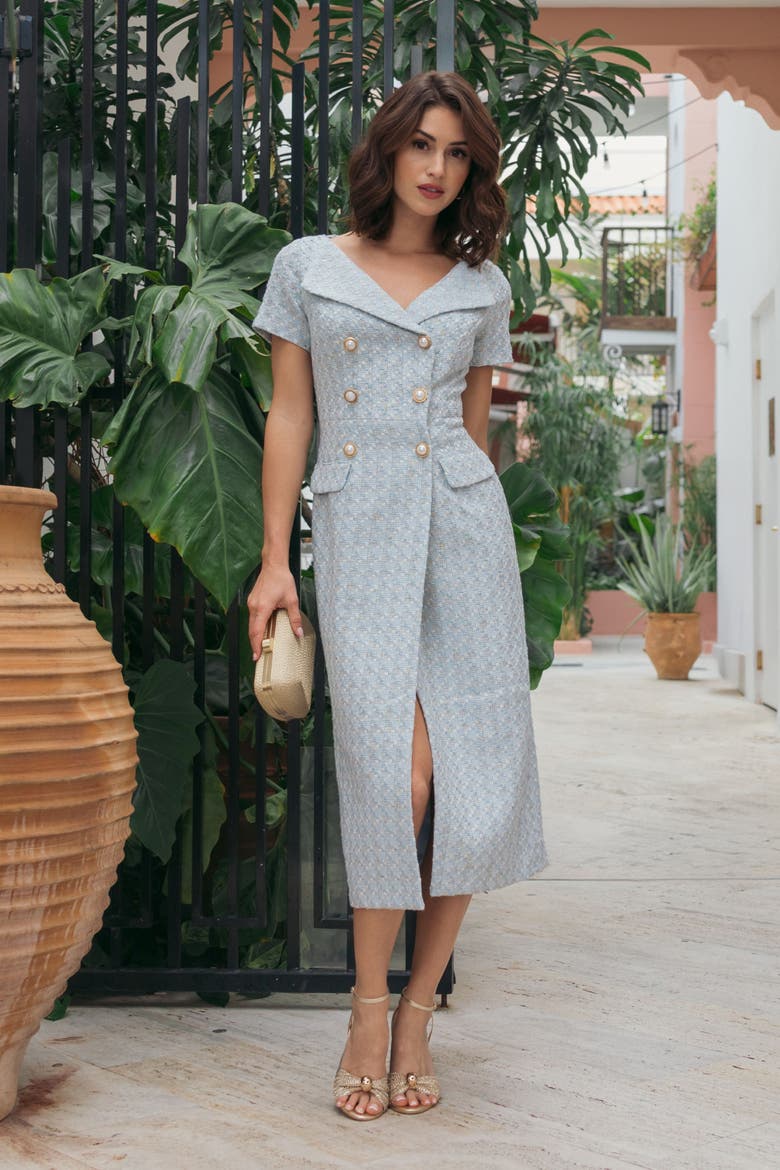 Bouclé Cap Sleeve Belted Fitted Midi Dress, Alternate, color, Powder Blue