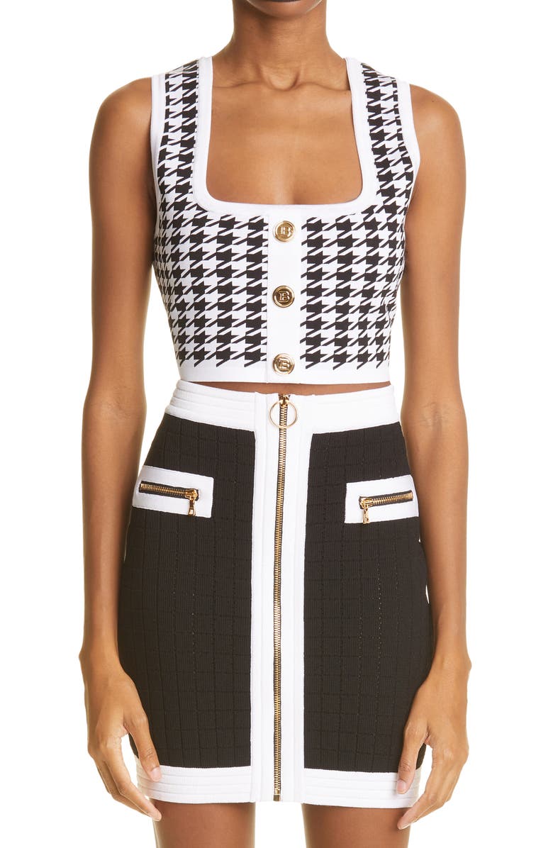 Balmain Houndstooth Knit Crop Top, Main, color,