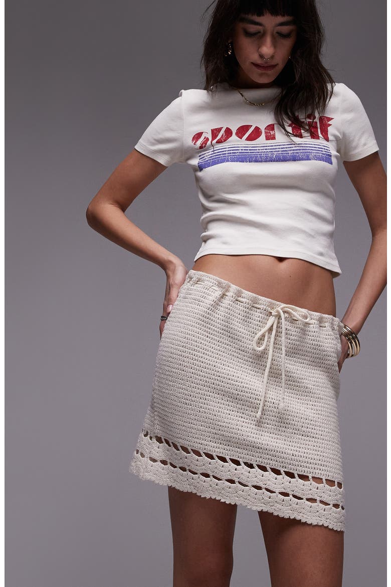 Crochet Woven Cotton Minskirt, Alternate, color, STONE