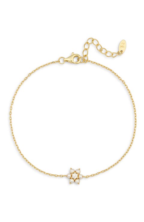 CZ & Faux Pearl Flower Charm Bracelet