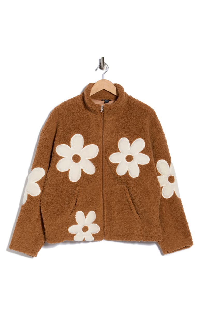 INTERNATIONAL DESIGNER Flower Appliqué Faux Shearling Zip Jacket, Alternate, color, Toffee