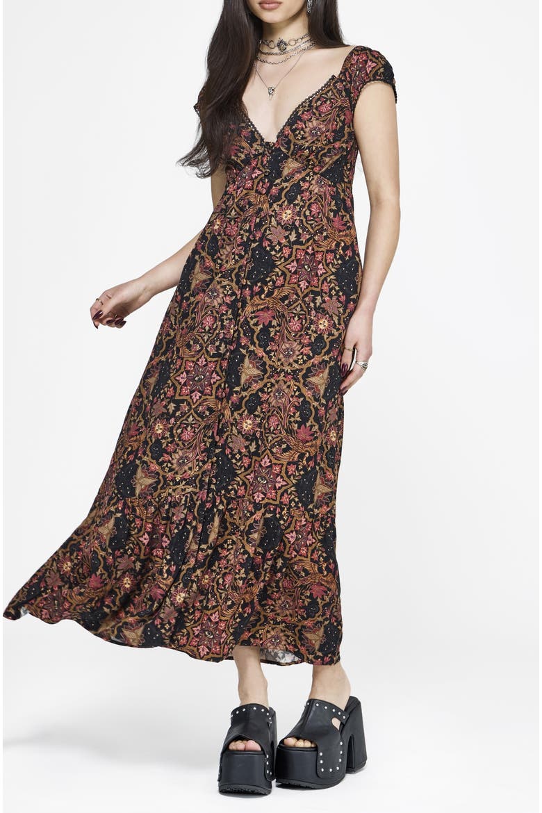 Mythos Print Milkmaid Smock Midaxi Dress, Alternate, color, Black