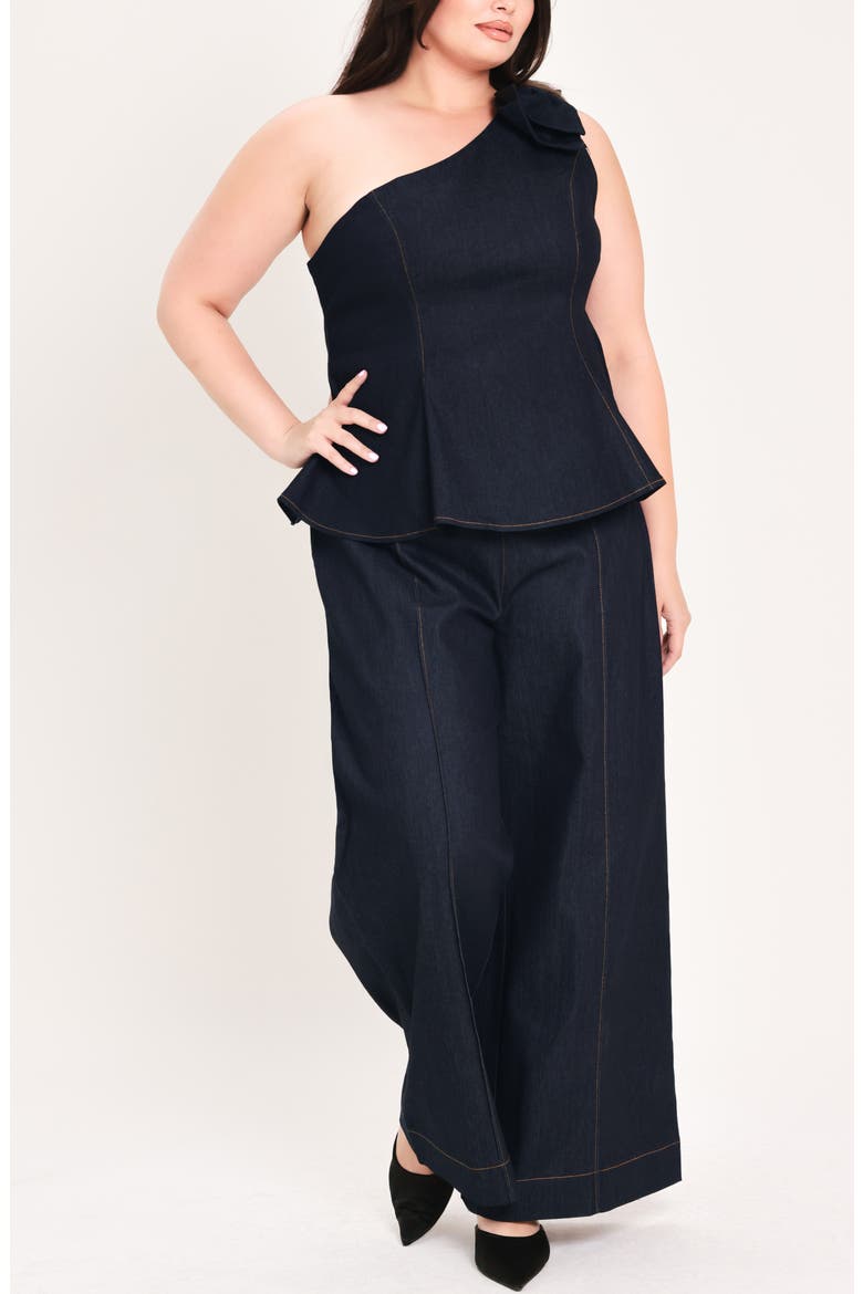 One Shoulder Bow Cotton Blend Top, Alternate, color, DARK DENIM