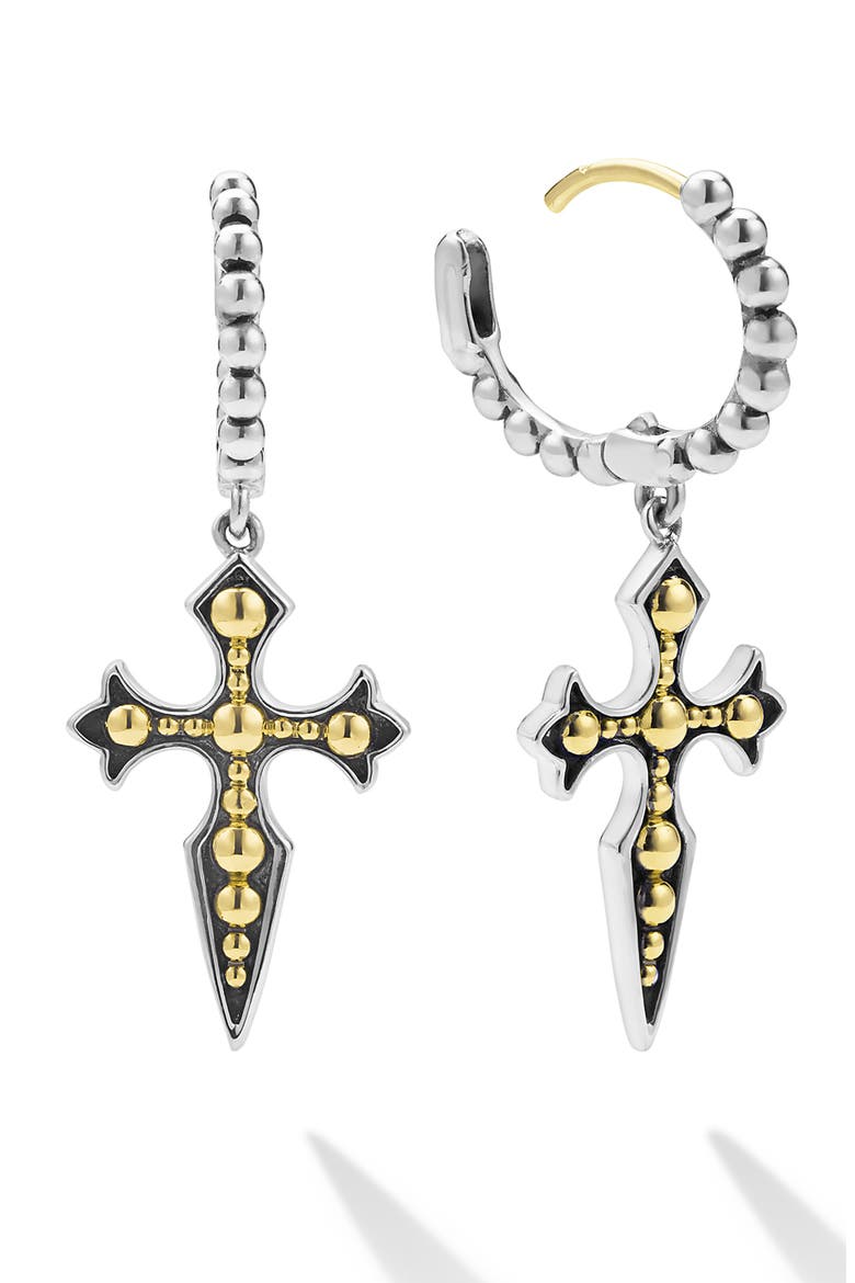 Men's Anthem Single Cross Drop Earring, Alternate, color, TWO TONE