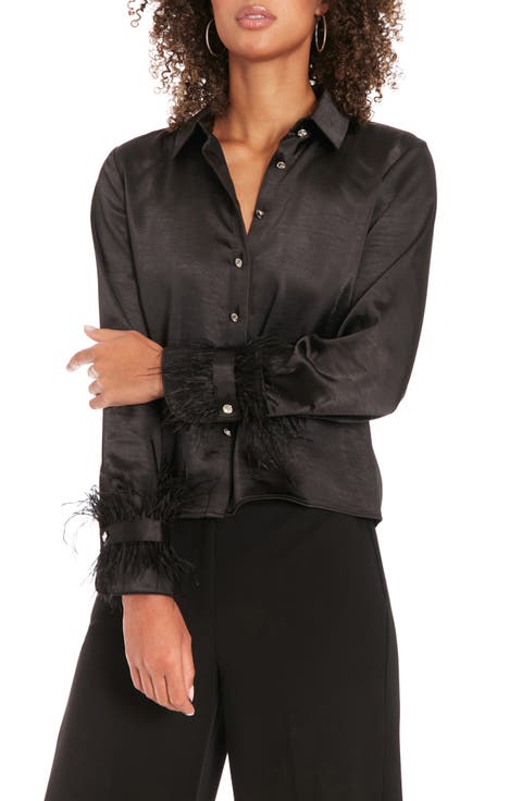 Feather Trim Satin Button-Up Shirt