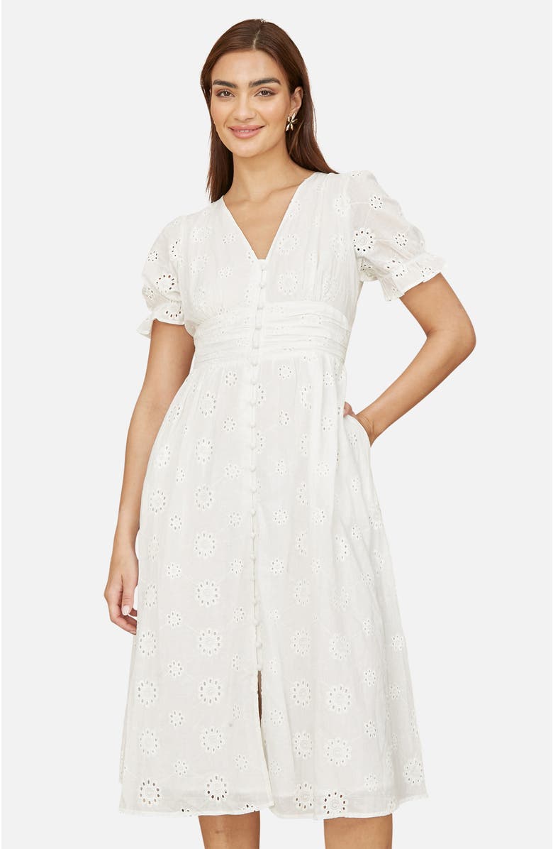 Yumi Broderie Anglaise Midi Button Up Dress, Alternate, color, White