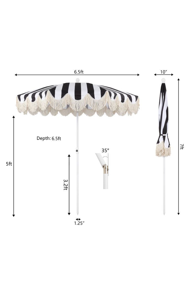JONATHAN Y Mariner 6.5 ft. Classic Cottage Fringe Tassel Market Beach Umbrella with Push Button Tilt, Alternate, color, Black/White - White Pole