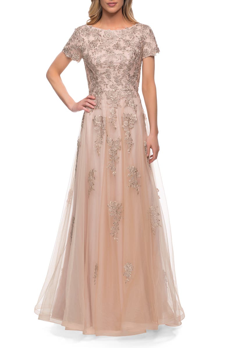 La Femme A Line Tulle and Lace Gown with Short Sleeves, Alternate, color, Nude