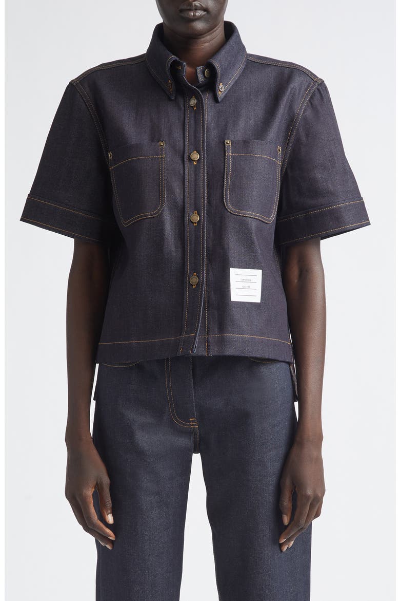 Short Sleeve Denim Button-Down Shirt, Main, color, NAVY
