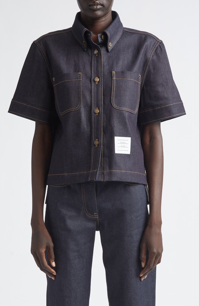 Thom Browne Short Sleeve Denim Button-Down Shirt, Main, color, Navy