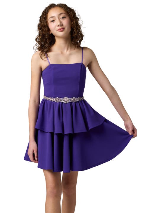 Tiered Dress with Rhinestone Belt (Big Kid)