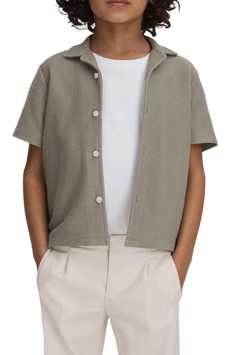Reiss Kids' Gerrard Jr. Textured Short Sleeve Cotton Knit Button-Up Shirt, Alternate, color, Pistachio