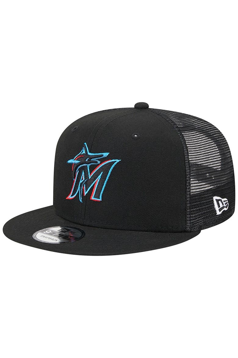 Men's New Era Black Miami Marlins Team Color Trucker 9FIFTY Snapback Hat, Main, color, Black