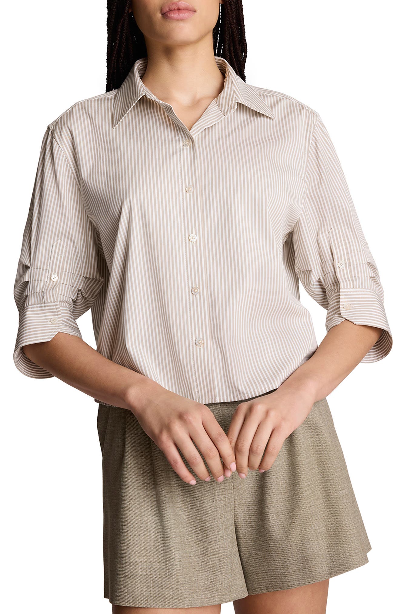 Striped Cropped Shirt with Pleated Three-Quarter Sleeves