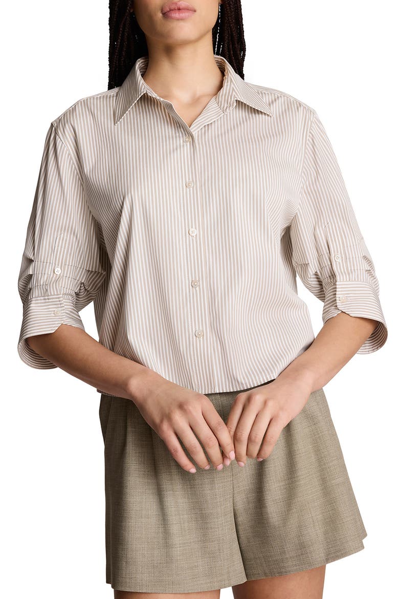 Striped Cropped Shirt with Pleated Three-Quarter Sleeves, Main, color, TEA LEAF/ PURE WHITE