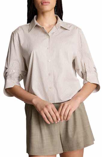 Striped Cropped Shirt with Pleated Three-Quarter Sleeves