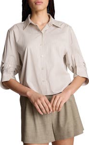 Kenneth Cole Striped Cropped Shirt with Pleated Three-Quarter Sleeves