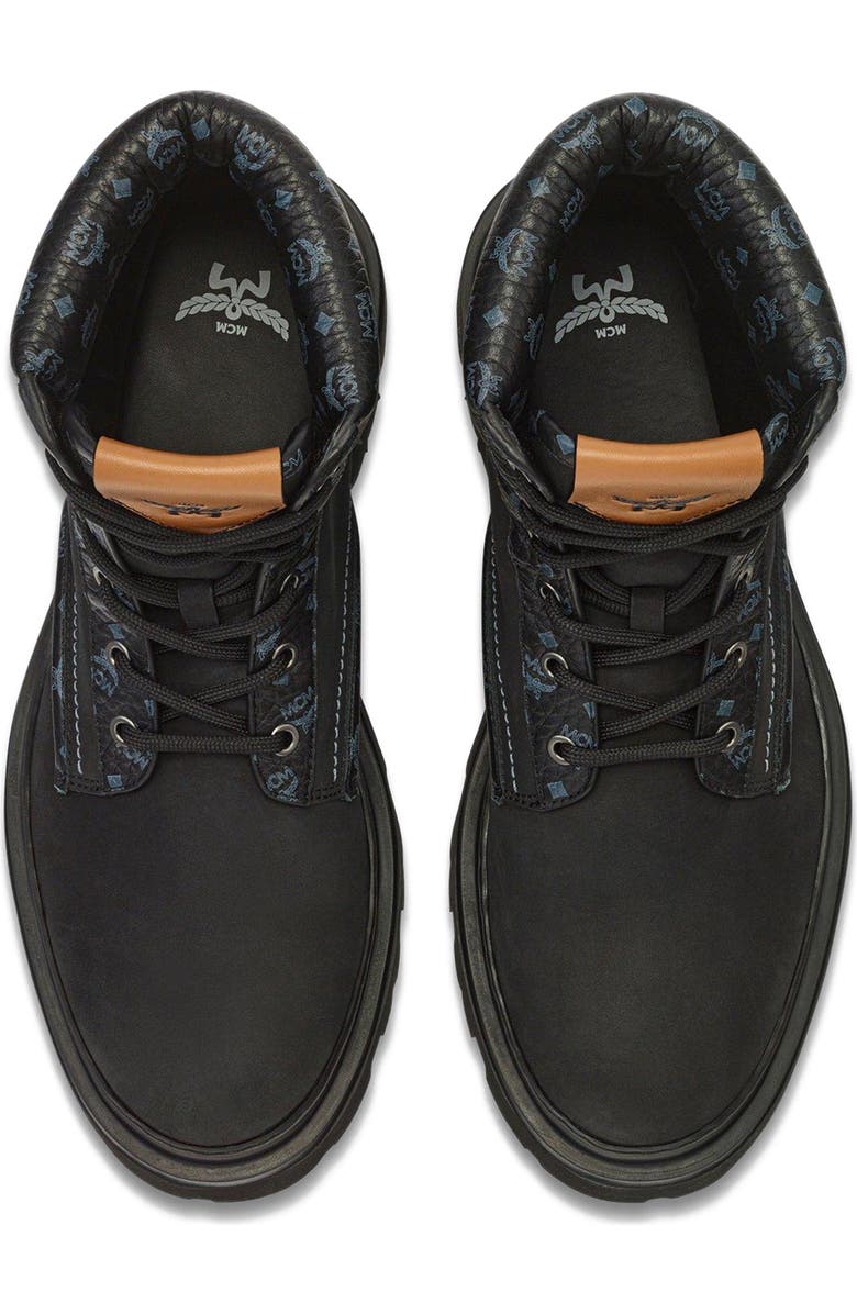 MCM Female Ankle Boots in Nubuck and Monogram Print Leather, Alternate, color, Black