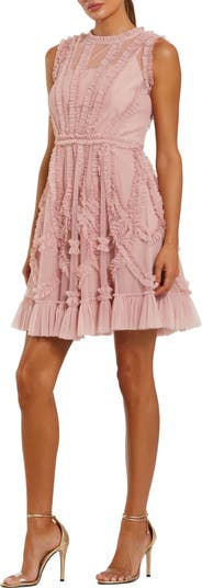 【Mac Duggal】マイクロフリルメッシュストラップレスドレス Pink Mesh Micro Ruffle High Neck Mini Dress - Mac Duggal