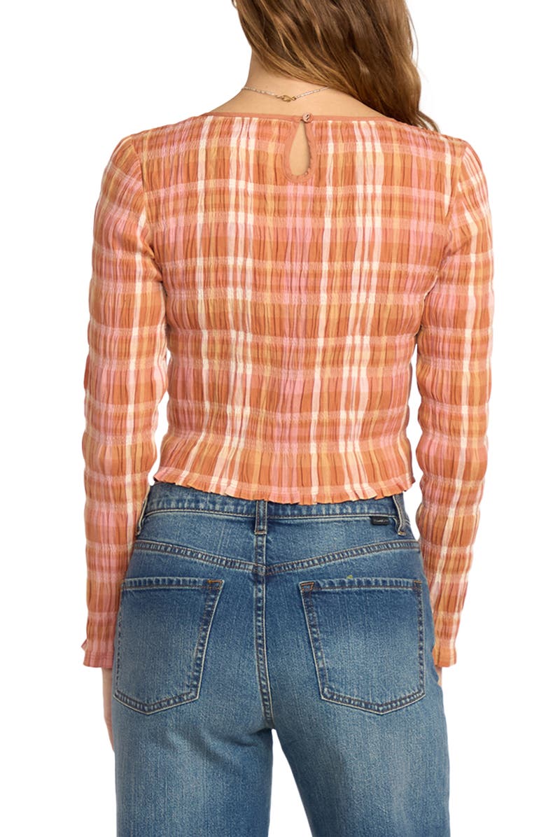 Billabong Check Me Out Plaid Smocked Crop Stretch Cotton Top, Alternate, color, Sunburnt
