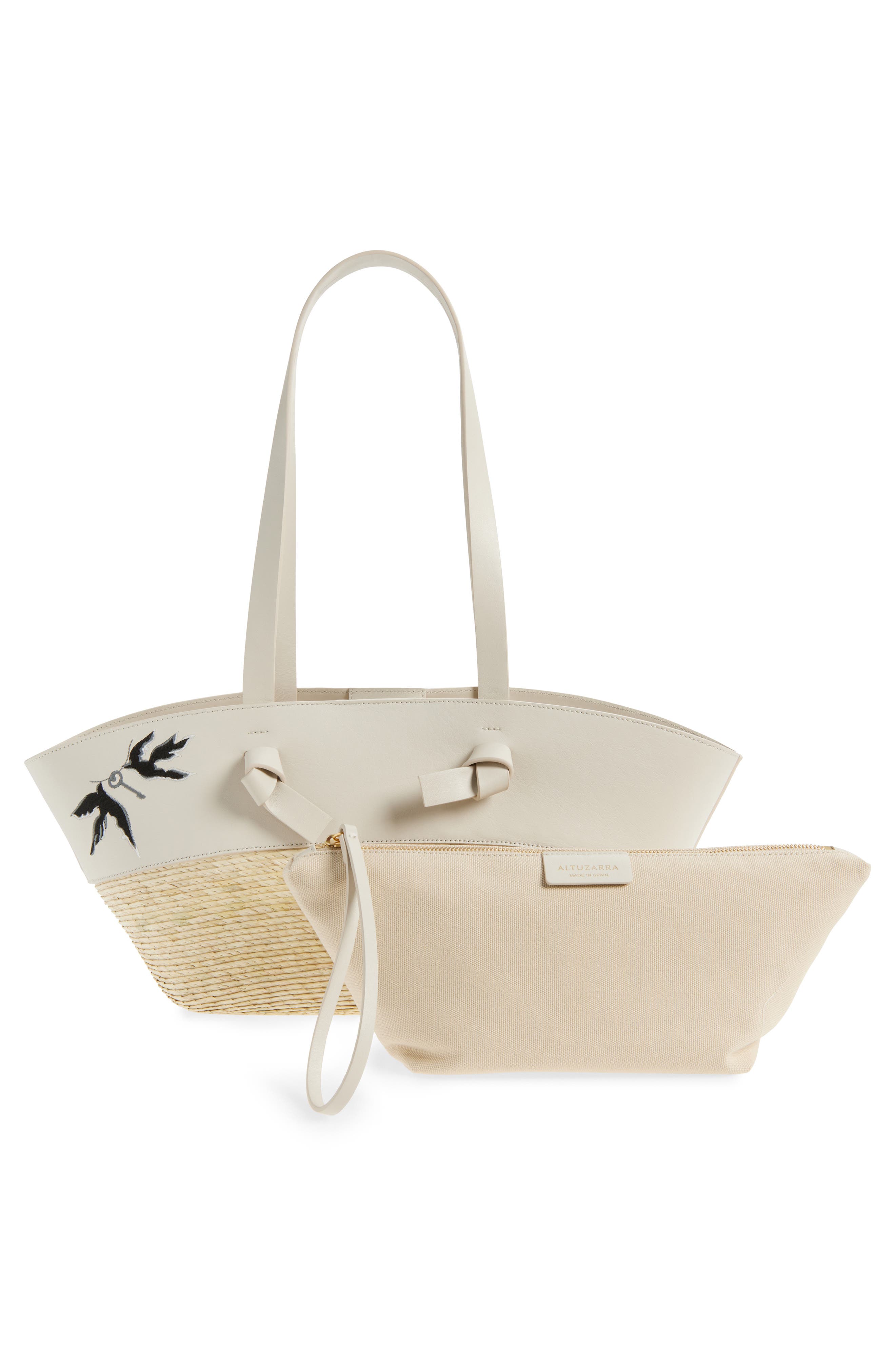 Altuzarra Small Embroidered Leather & Straw Basket Tote, Alternate, color, 378102 Ivory Embroidered Bird
