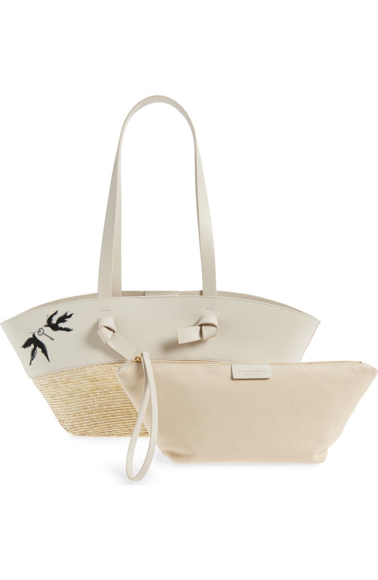 Altuzarra Small Embroidered Leather & Straw Basket Tote, Alternate, color, 378102 Ivory Embroidered Bird