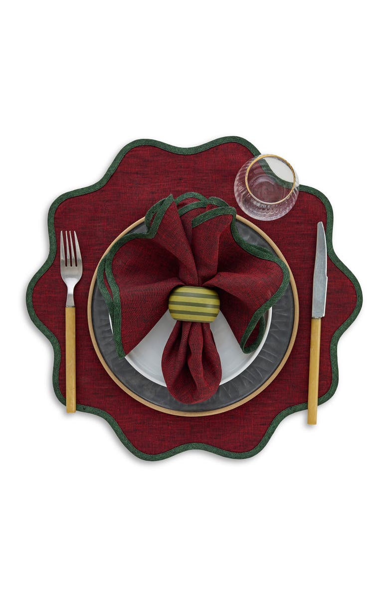 Solino Home Linen Dinner Napkins - Giselle Scallop Edge, 20" x 20", Alternate, color, Forest Green And Red Garnet