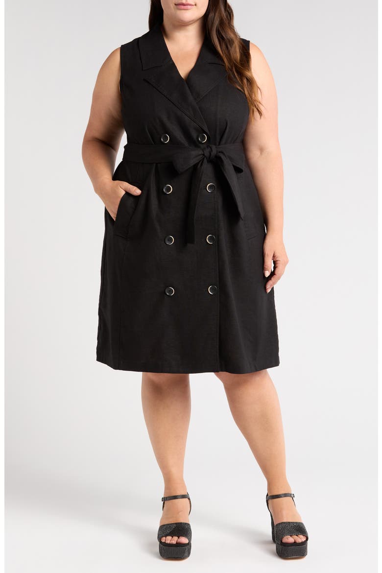 Tie Belt Sleeveless Double Breasted Yarn Dyed Jersey Trench Cocktail Dress, Main, color, BLACK