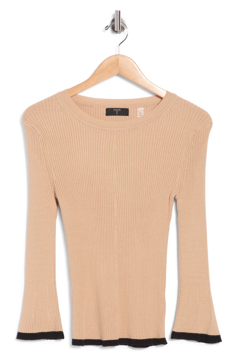 Piping Trim Ribbed Crewneck Sweater, Main, color, CAMEL/ BLACK