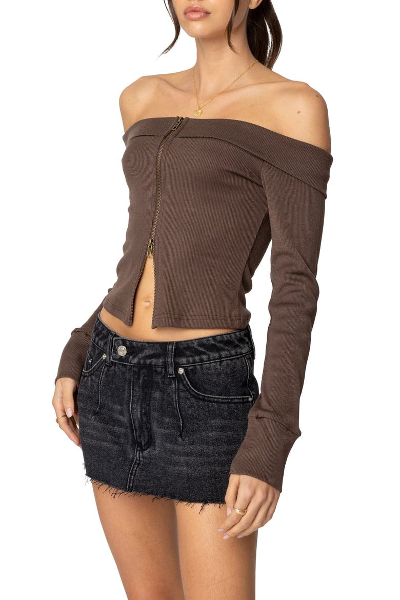 Clarissa Off the Shoulder Long Sleeve Rib Top, Alternate, color, BROWN