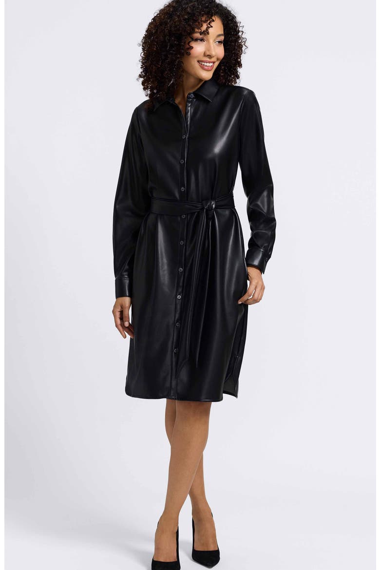 Rocca Long Sleeve Faux Leather Shirtdress, Alternate, color, BLACK