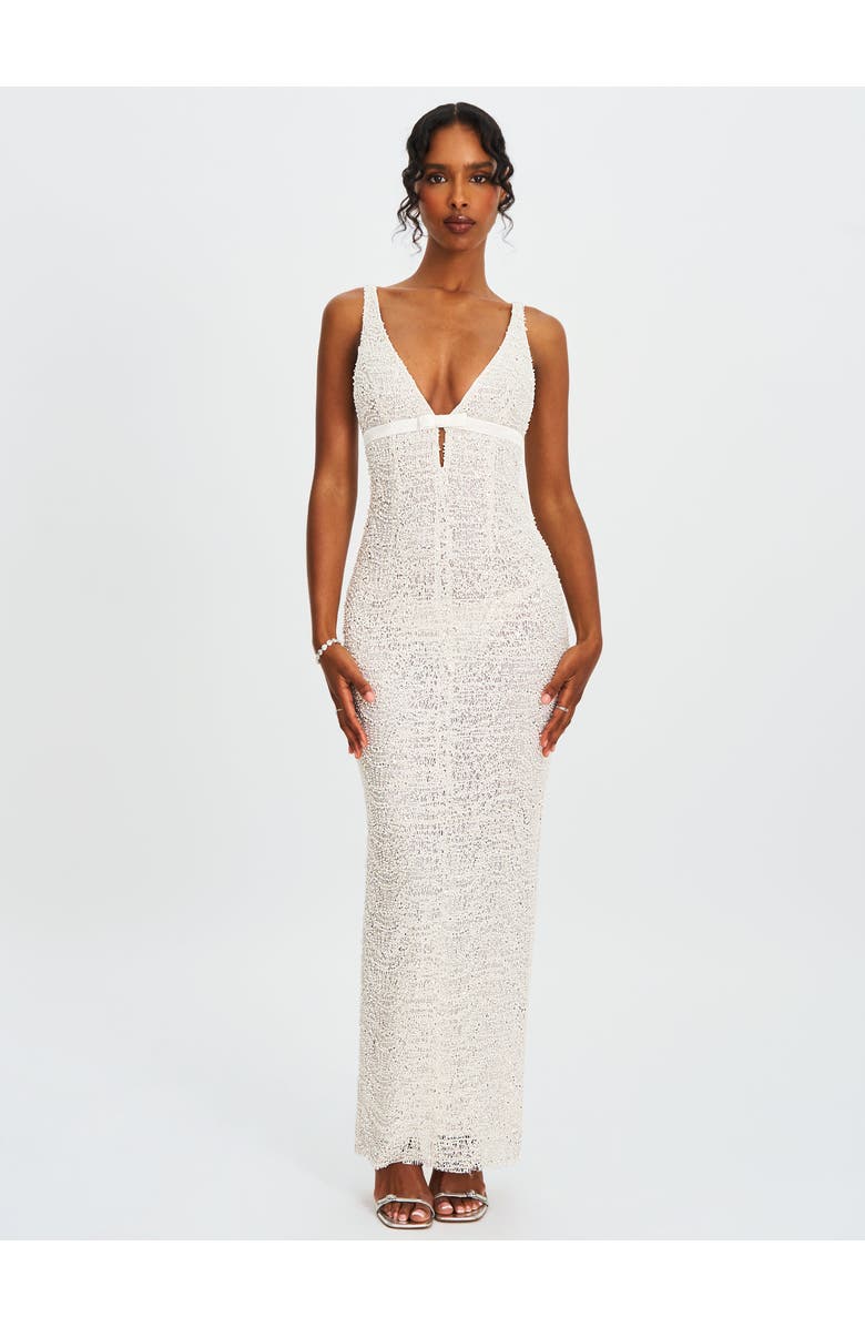 Miss Circle Adelaide Beaded Sequin Net Bodycon Gown, Alternate, color, White