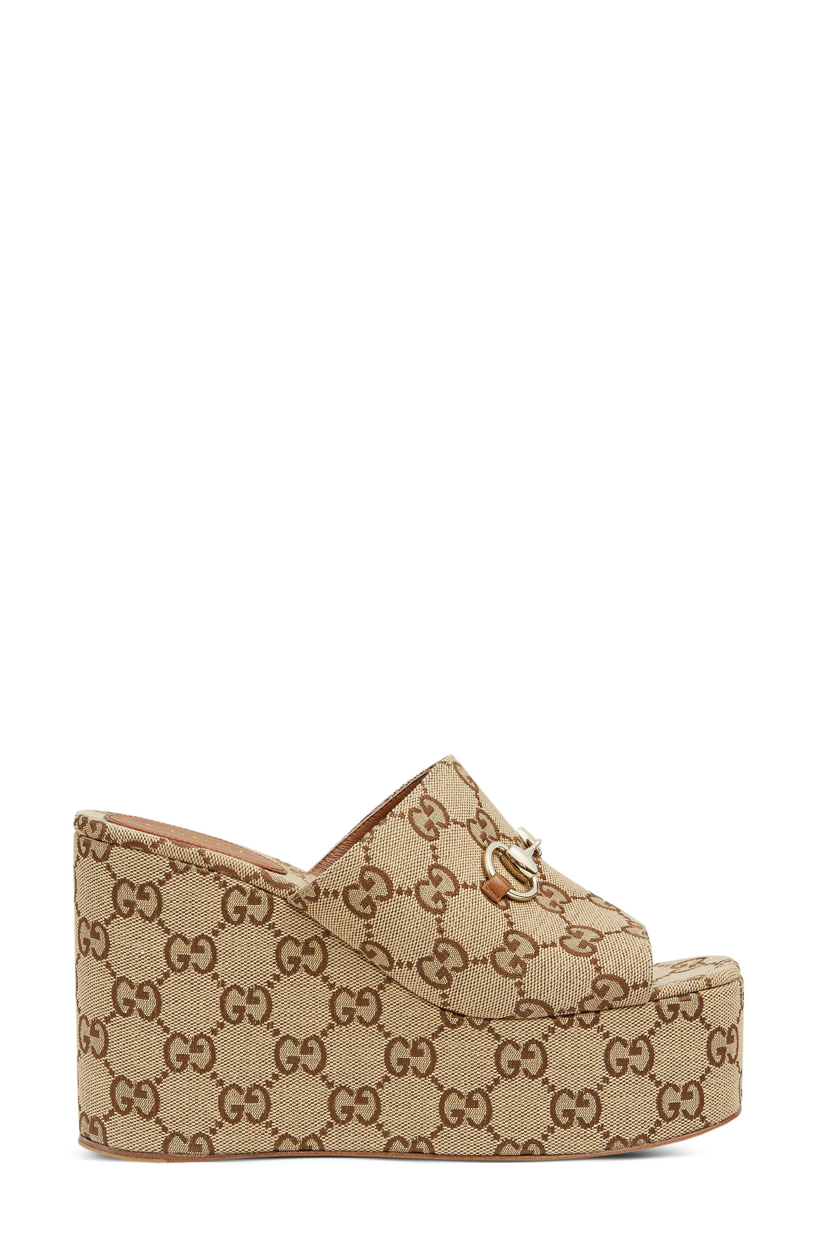 Gucci Carmen Horsebit Platform Wedge Sandal, Alternate, color, Brown