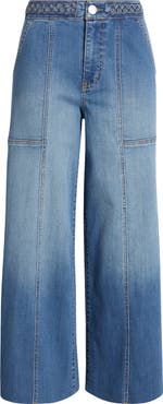 1822 Denim Raw Hem Patch Pocket High Waist Wide Leg Jeans