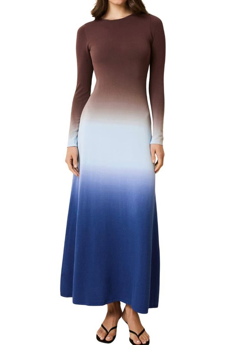 The Dora Ombré Colorblock Long Sleeve Knit Maxi Dress, Main, color, TWILIGHT / RAISIN BROWN