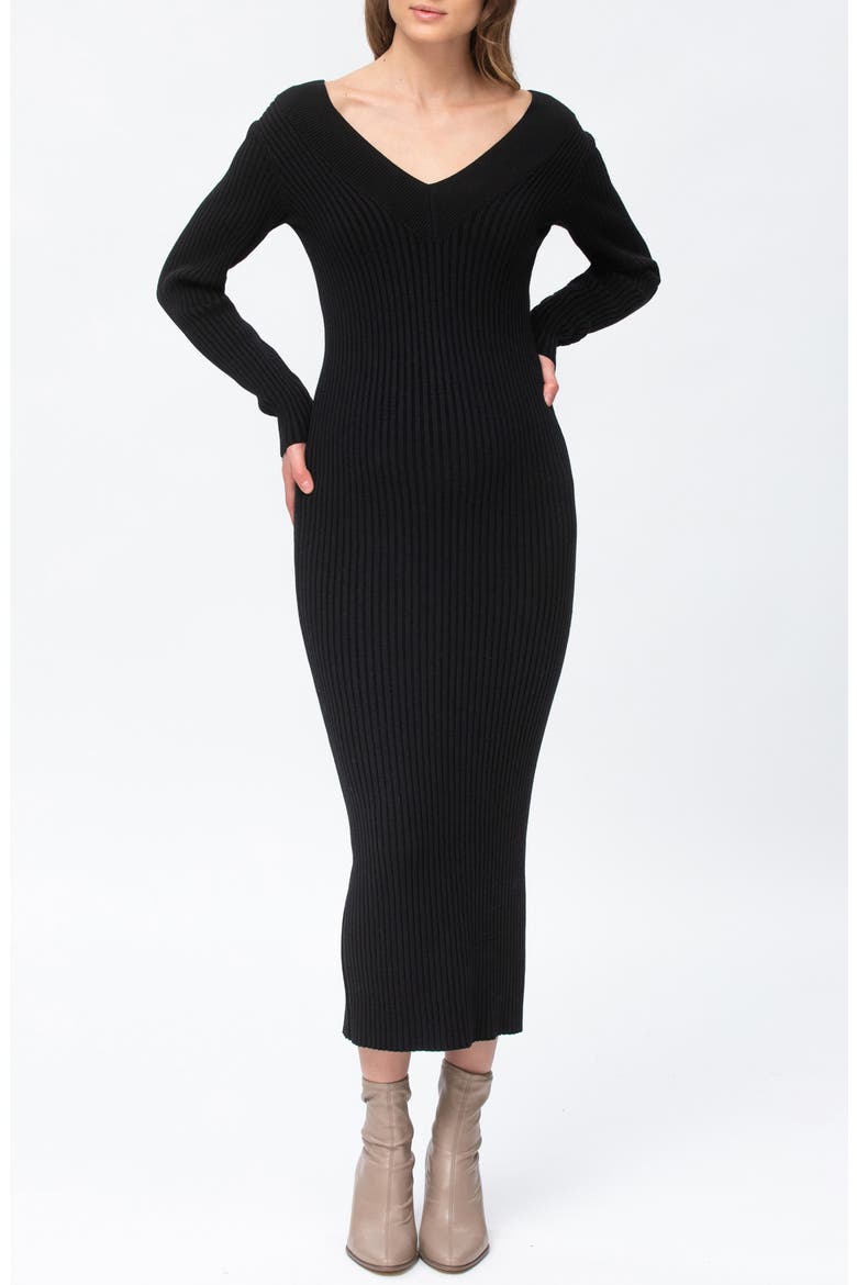 Rib Long Sleeve Maternity Midi Sweater Dress, Main, color, BLACK