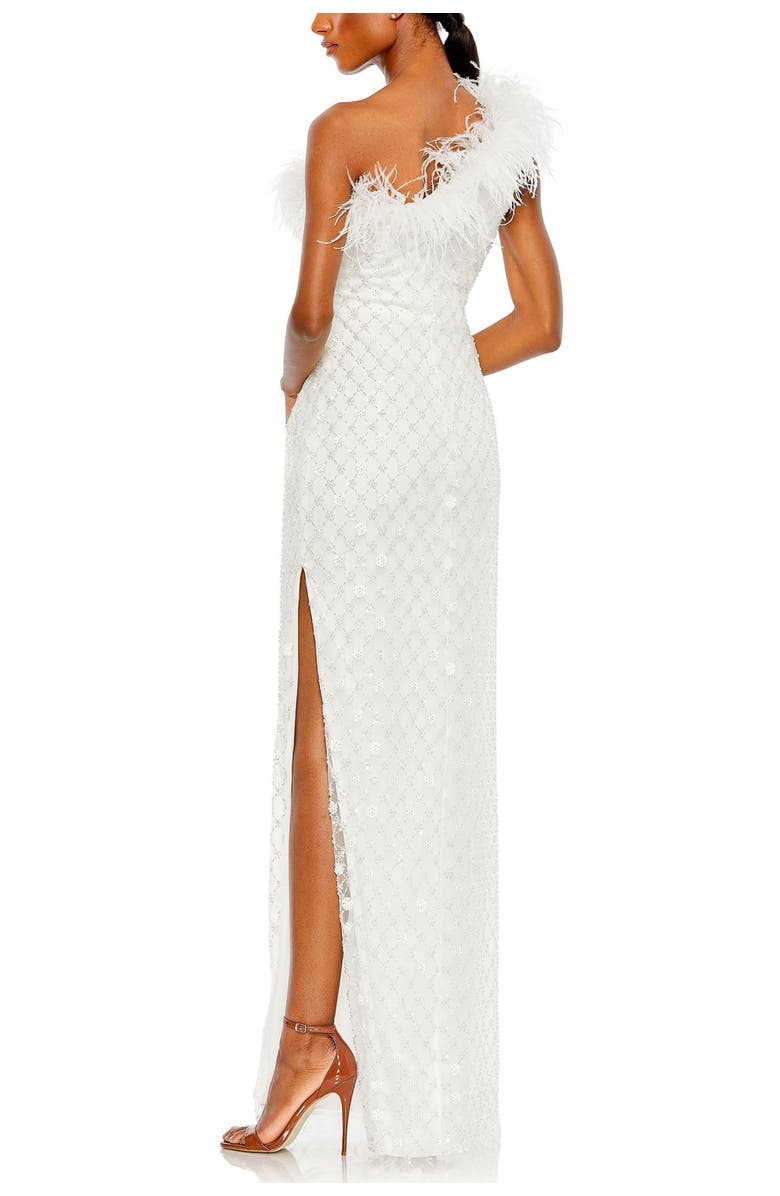 Mac Duggal Embellished One Shoulder Ostrich Feather Detail Gown, Alternate, color, White