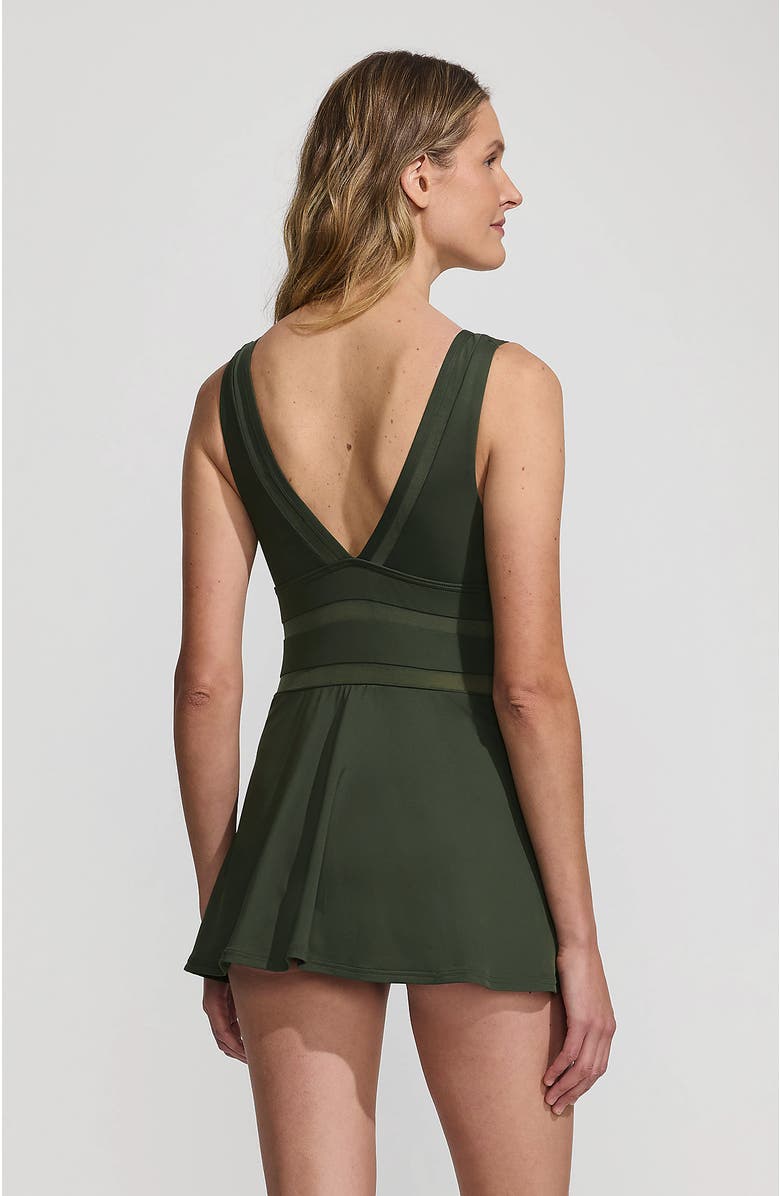 Lands' End Mesh V-neck Mini Swim Dress Swimsuit, Alternate, color, Rich Olive Green