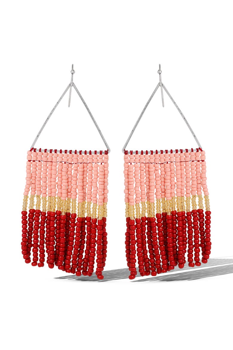 Pink and Red Ombre Beaded Fringe Earrings, Alternate, color, Pink/Red/Yellow